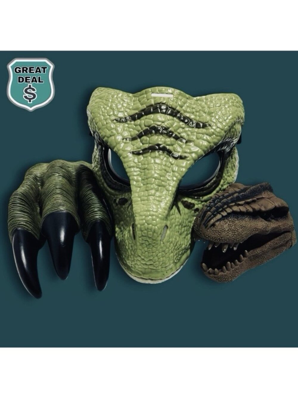 Jurassic World Velociraptor Mask, Dinosaur Claw, and T-Rex Hand Puppet.